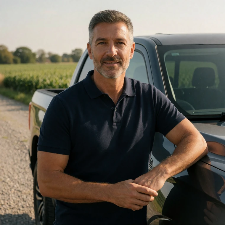 A 50-year-old man in a navy polo shirt standing beside a high-end dark pickup truck in front of green farmland