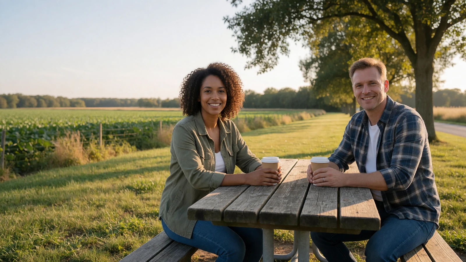 Two rural singles meeting safely at a public picnic table near farmland for dating site safety