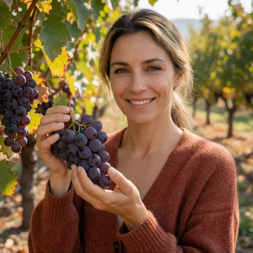 Marta, an adult woman of European descent in a rust cardigan holding a cluster of fresh grapes in an orchard