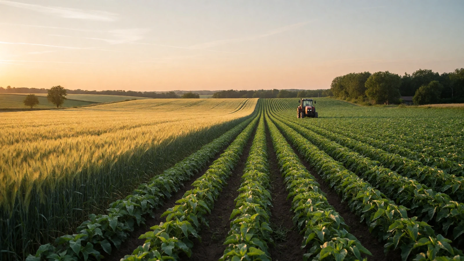 A thriving green farm with rows of crops and a distant tractor at golden hour, the welcoming setting for black farmers dating