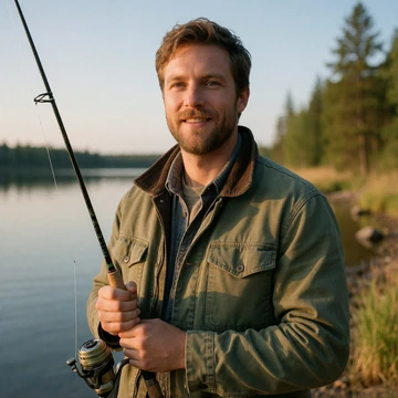 Erik, a 36-year-old Minnesota man holding a fishing rod at a lakeshore at golden hour
