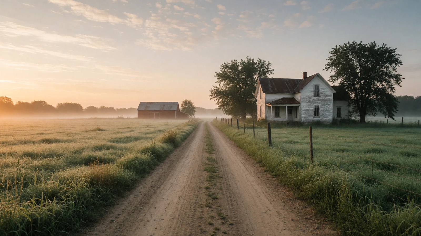A dirt country road leading toward a white farmhouse at dawn with a distant red barn and misty green fields