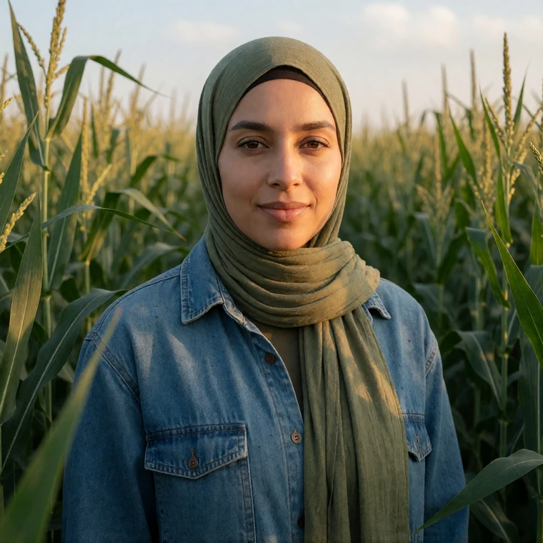Amina, an adult woman wearing an olive green hijab and denim shirt, smiling among tall green crops in a sunlit field