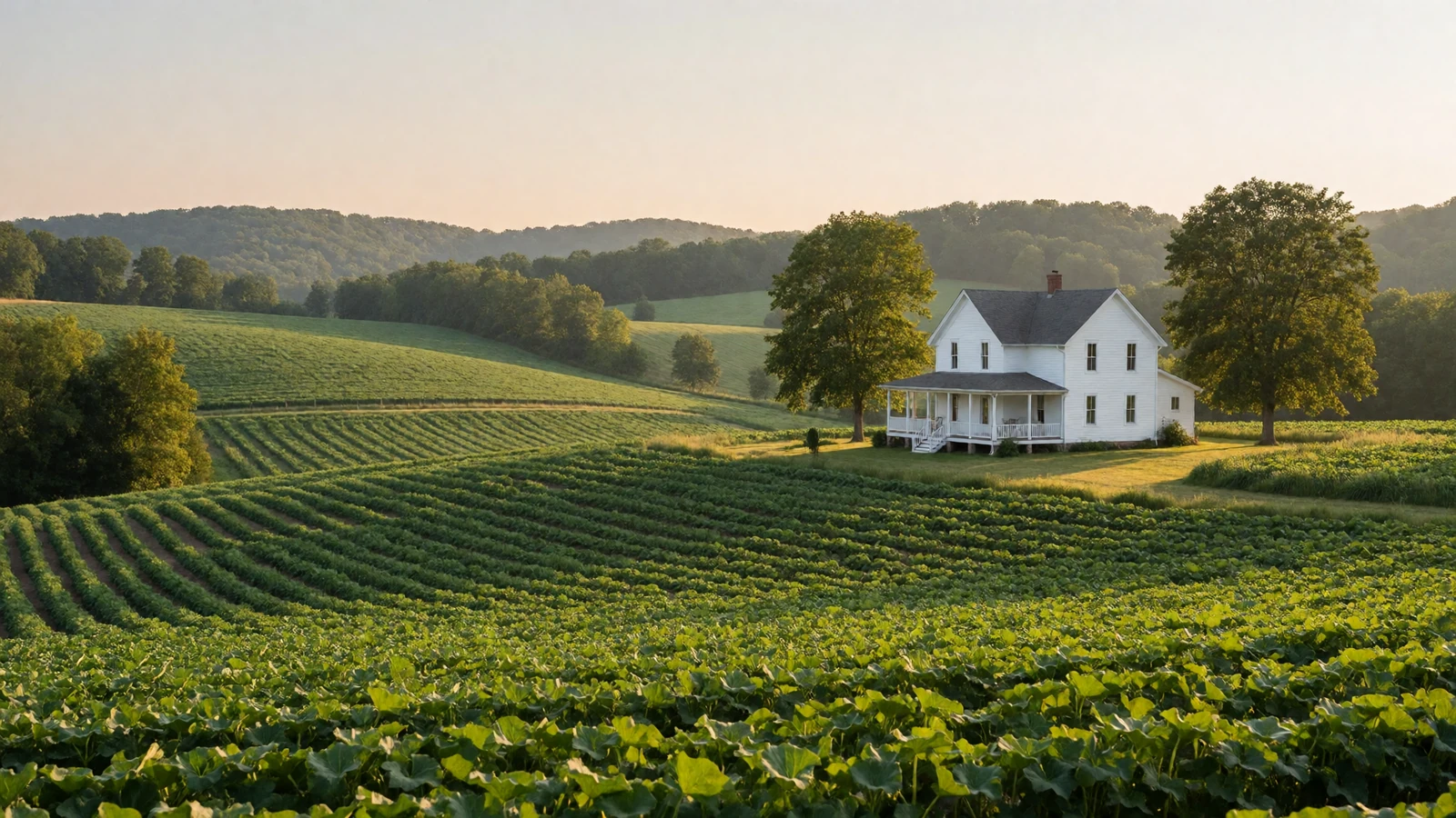 Lush green Piedmont farmland in North Carolina with a white farmhouse at golden hour where Tar Heel rural dating begins