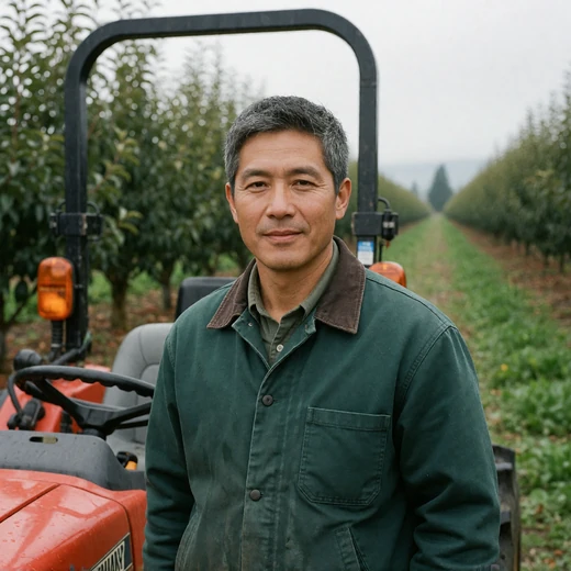 David, a 53-year-old Asian-American man standing near a tractor and orchard rows