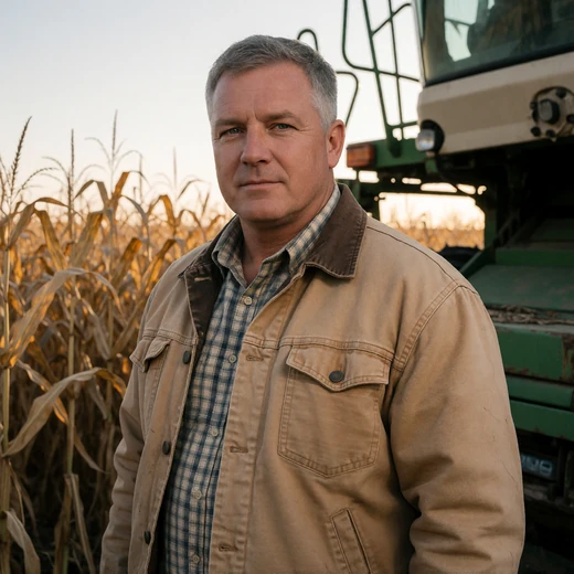 Ray, a 52-year-old man standing near a combine in a Nebraska field