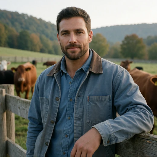 Garrett, a 38-year-old West Virginia cattle farmer leaning on a wooden fence in hill pasture