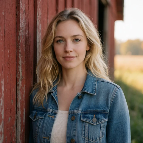 Hannah, a 32-year-old blonde woman in a denim jacket smiling beside a red barn on her Iowa grain farm