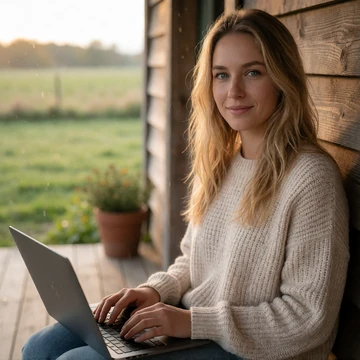 Hannah, a 31-year-old woman with a laptop sitting on a farmhouse porch in soft morning light