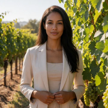 Priya, a 33-year-old woman in business casual attire standing among grapevines in a vineyard