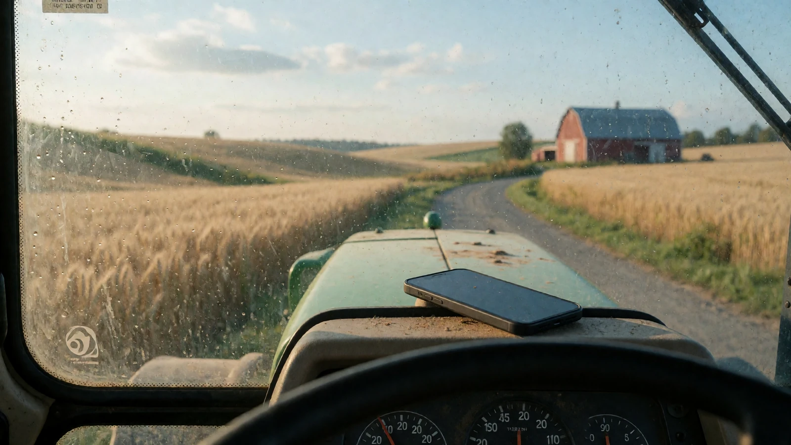 Smartphone on a tractor dashboard overlooking farmland at sunrise, the starting point for online dating tips for farmers