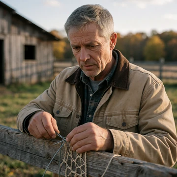 Wade, a 55-year-old Missouri stockman fixing a wooden fence on his Ozark ranch