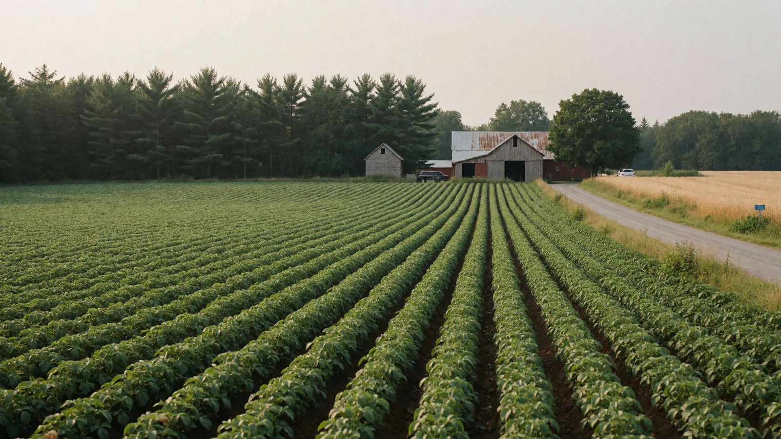 Wide Maine potato field with a rustic barn and pine trees where Pine Tree State farmer dating begins