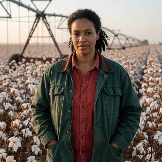 Monica, a 43-year-old woman farmer standing in a Texas cotton field