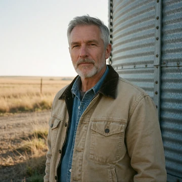Roy, a 61-year-old Kansas rancher standing near a grain silo on the Great Plains