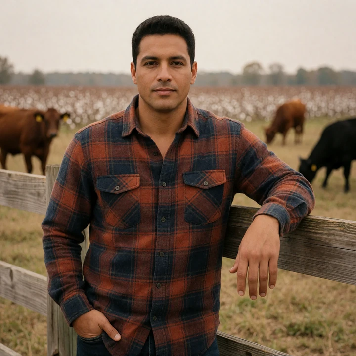 Elliot, a 40-year-old Alabama cattle farmer resting on a pasture fence for farmers dating