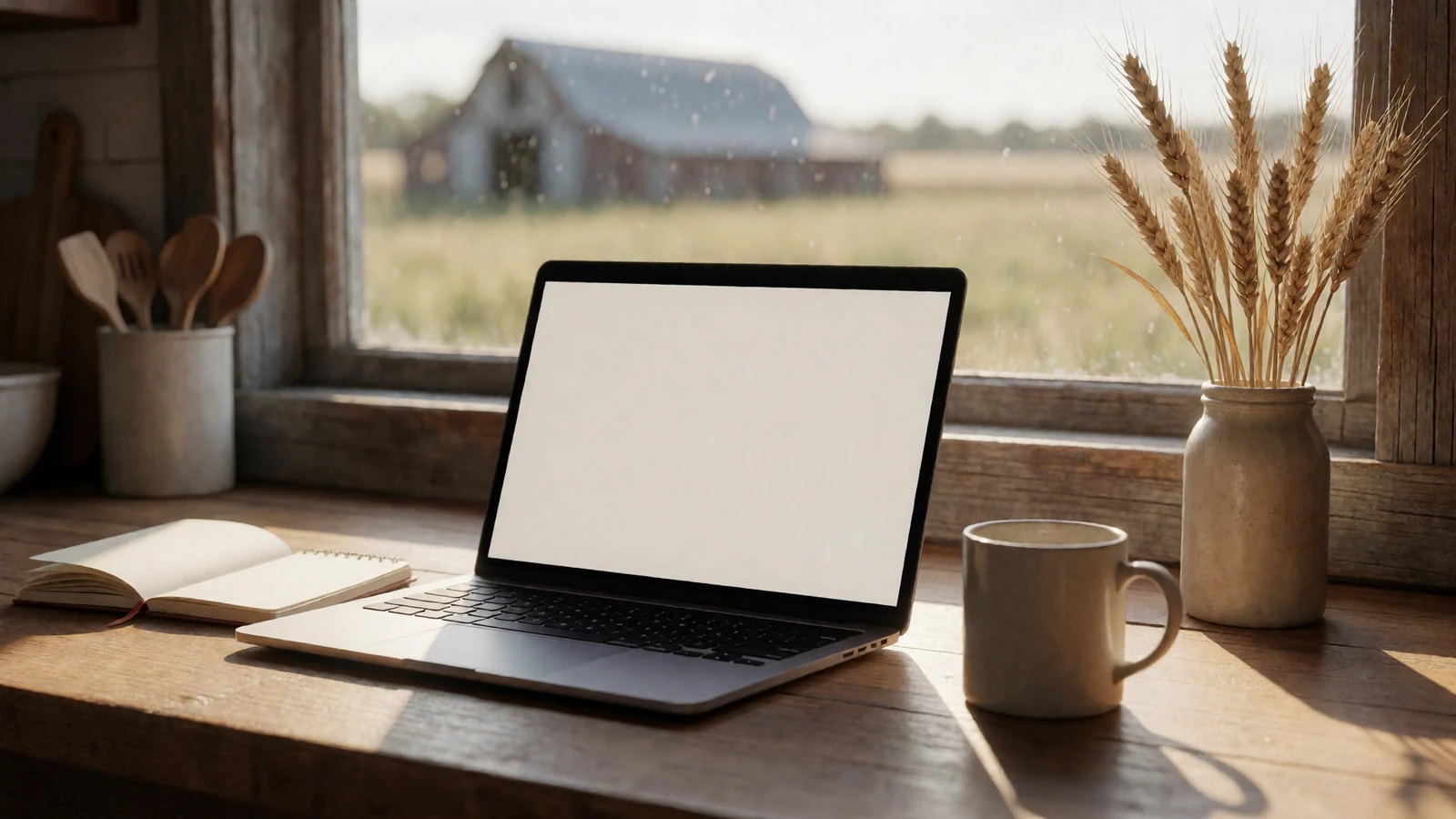 Laptop and coffee on a farmhouse kitchen table in morning light for Farmers Connect cookie policy