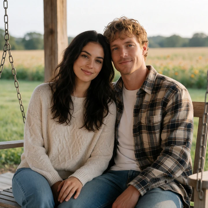Lena and Wyatt sitting together on a farmhouse porch swing in a country love story