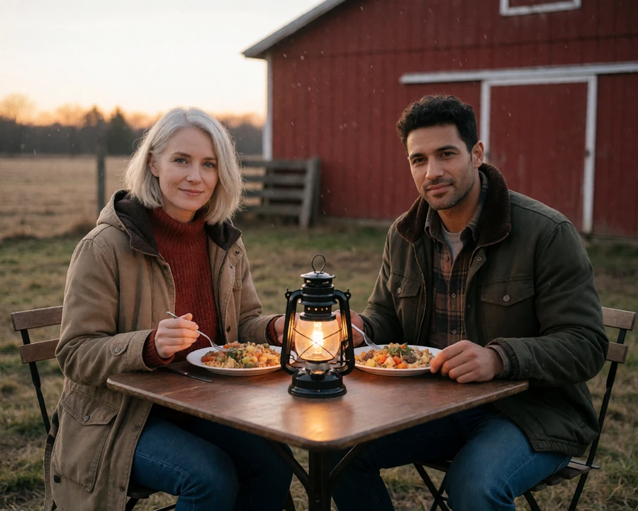 Adult rural couple having a warm dinner near a barn for a budget-friendly country date