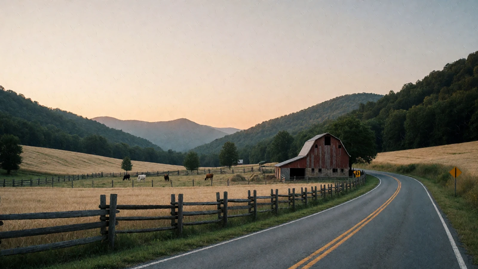 Rolling Appalachian mountains and a small West Virginia cattle farm at dusk for rural farmers dating
