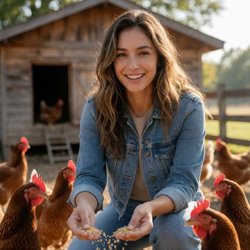 Amber, a 27-year-old Arkansas woman feeding chickens in a sunny farmyard on her poultry farm