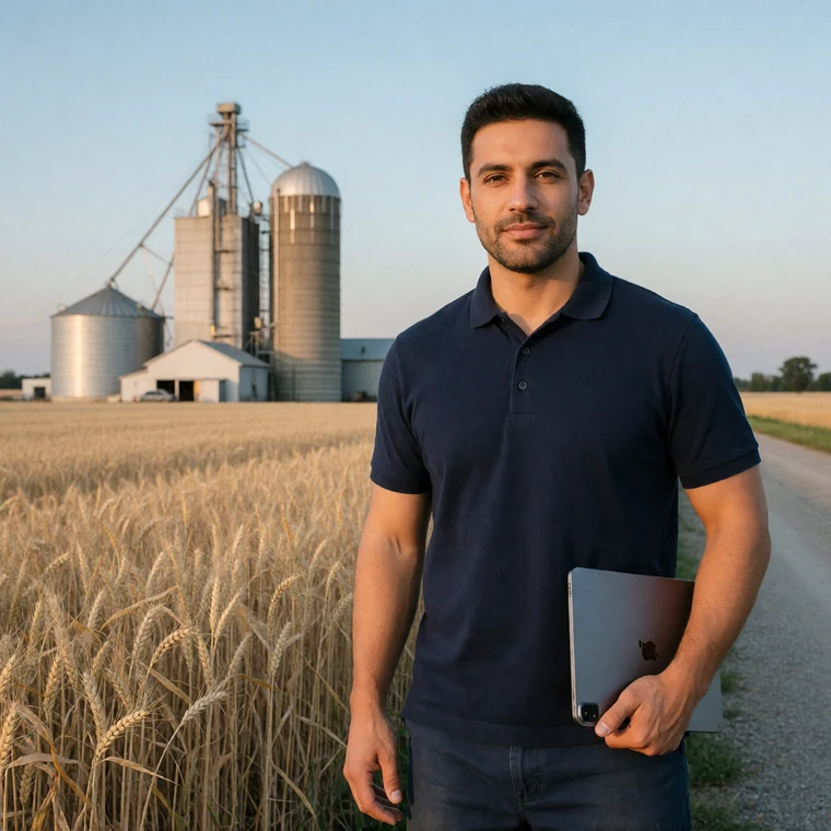 Adult male farm manager standing near a grain elevator for industrial farmers dating