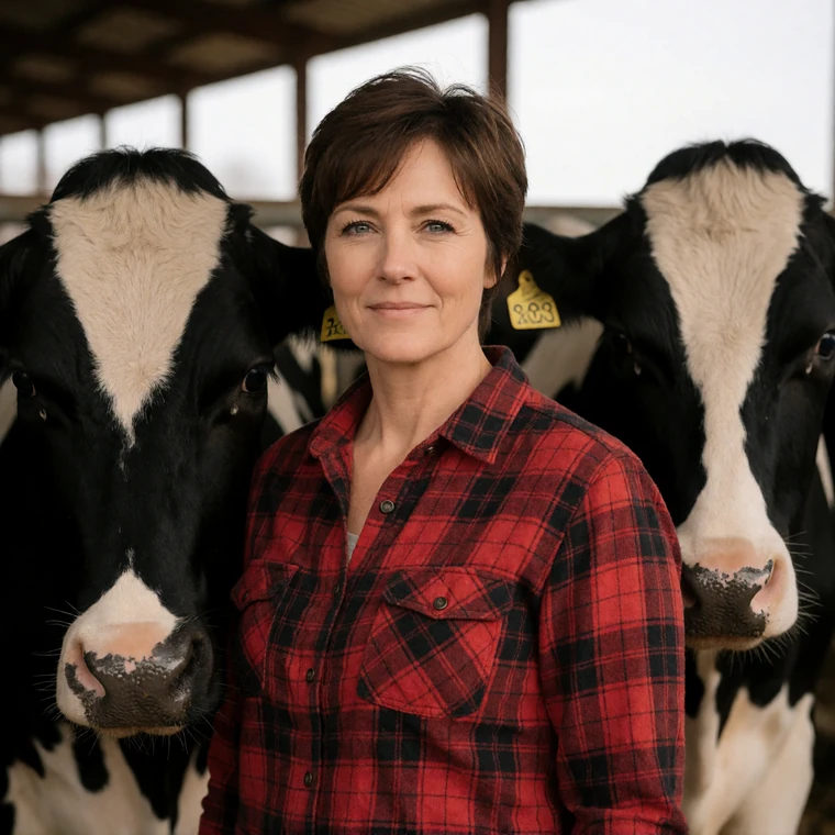 A 42-year-old Wisconsin woman in a flannel shirt standing near black and white dairy cows