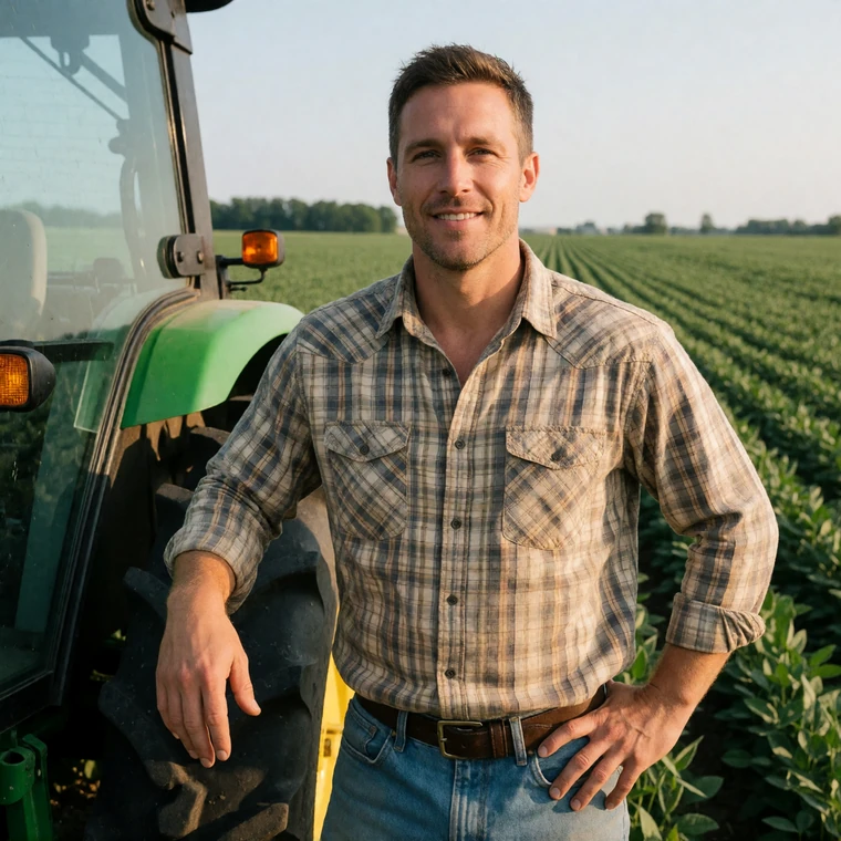 A 30s male Indiana farmer with brown hair standing next to a green tractor at the edge of a soybean field