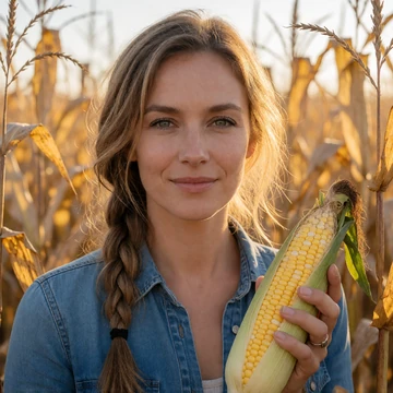 Diane, a 44-year-old Illinois woman holding an ear of corn in a sunlit cornfield