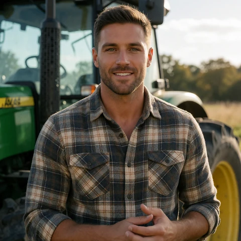 Caleb, a 38-year-old bearded man in a flannel shirt standing near a tractor on his Texas cattle ranch