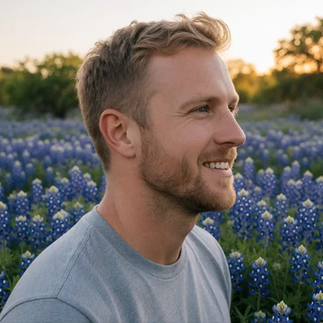 Wyatt, a 28-year-old blonde man smiling in a field of Texas bluebonnets at golden hour