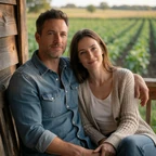 Dawn and Roy, a mature couple relaxing on a farmhouse porch after marrying through Farmers Connect