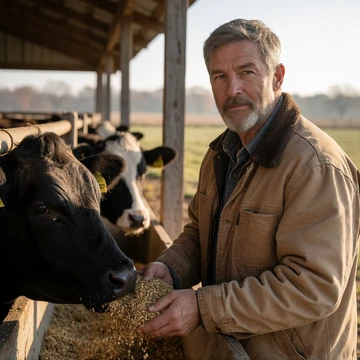 Roy, a 53-year-old Illinois man feeding cattle at a wooden trough on his farm