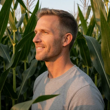 Cole, a man in his early 40s with a beard standing among tall green corn stalks in Indiana