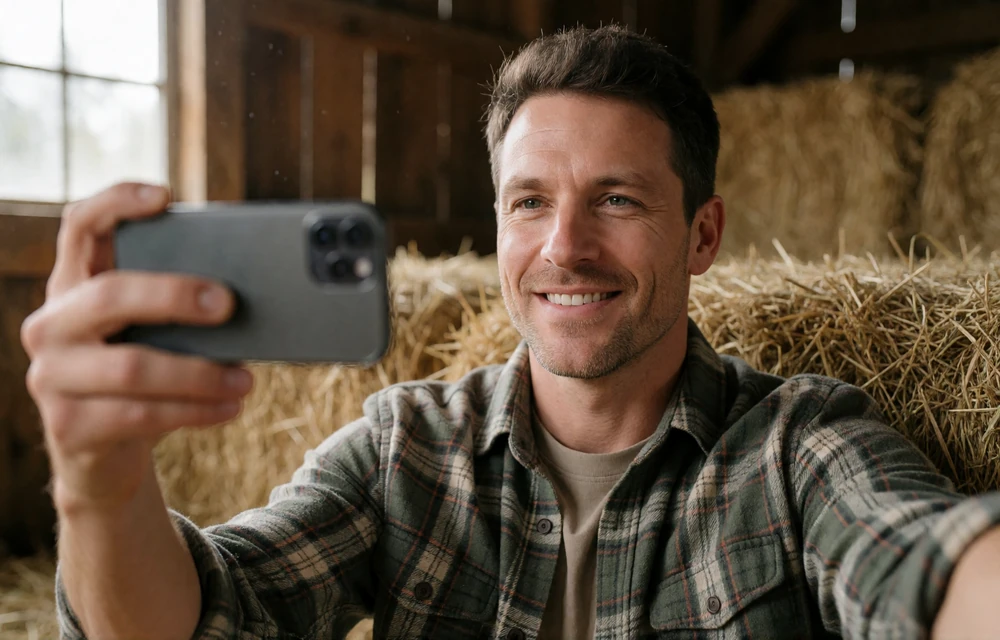 Man in a plaid flannel shirt smiling while taking a selfie inside a sunlit barn, a strong farmer dating profile photo