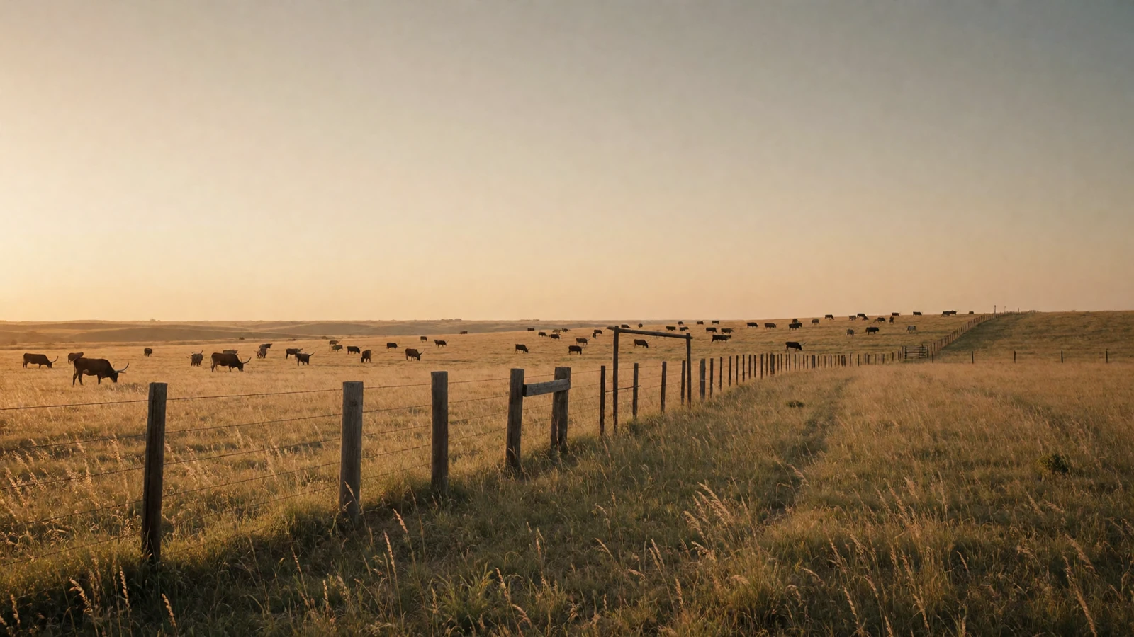 Golden hour view of a wide Texas cattle ranch with longhorns grazing near a wooden fence line, where Lone Star rural dating begins