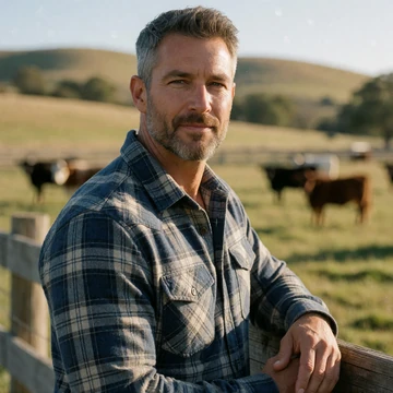 Nathan, a 45-year-old bearded man in a plaid shirt standing by a fence on his Missouri cattle ranch