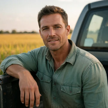 Cole, a 34-year-old Arkansas man in a work shirt leaning on his pickup truck near rice fields