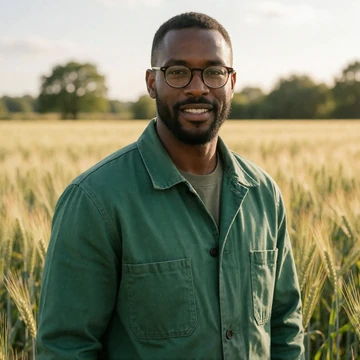 Marcus, a 40-year-old black man with glasses standing in a sunlit field of crops