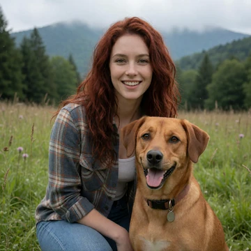 Kayla, a 26-year-old North Carolina woman kneeling with her dog in a Blue Ridge mountain meadow