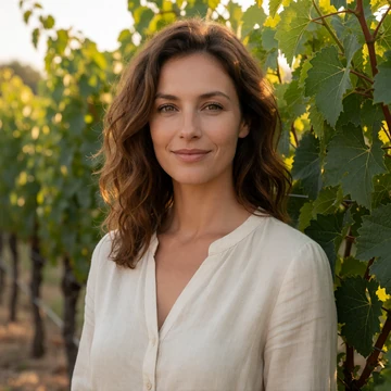 Elena, an adult woman of European descent in a cream blouse smiling among green grapevines in a vineyard