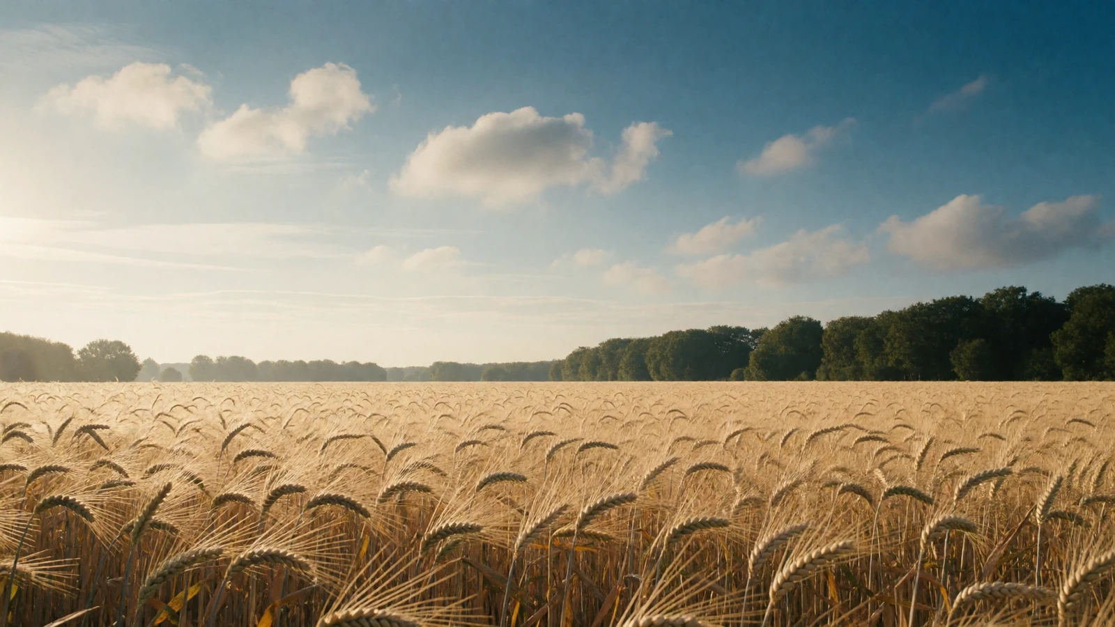 Peaceful golden wheat field stretching toward a distant treeline under a bright blue sky, the open rural landscape behind Farmers Connect