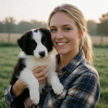 Kayla, a 26-year-old Missouri woman holding a border collie puppy on her Ozark homestead