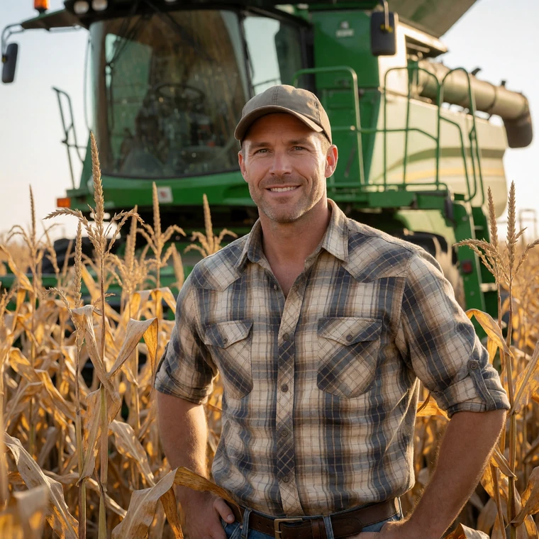 An Illinois man farmer in his 40s smiling beside a combine harvester in a golden cornfield