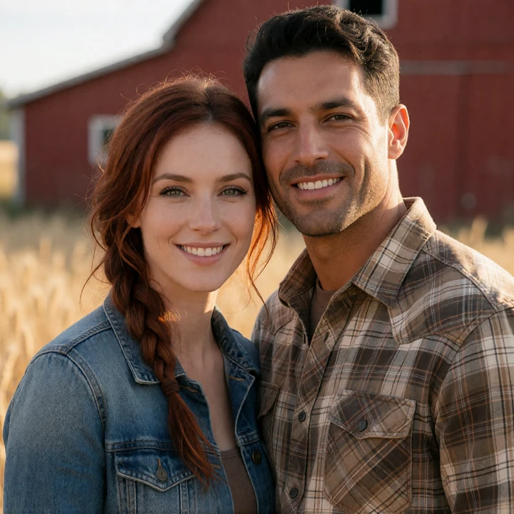 Megan and Cole smiling near a red barn after beginning their farmers dating success story