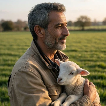 Ibrahim, an adult man with a gray beard in a canvas jacket holding a small lamb in a green pasture