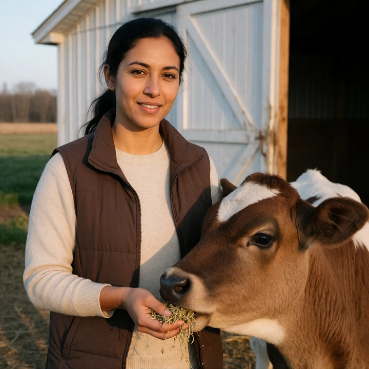 Nora, a 33-year-old Maine woman farmer feeding a dairy calf beside a barn