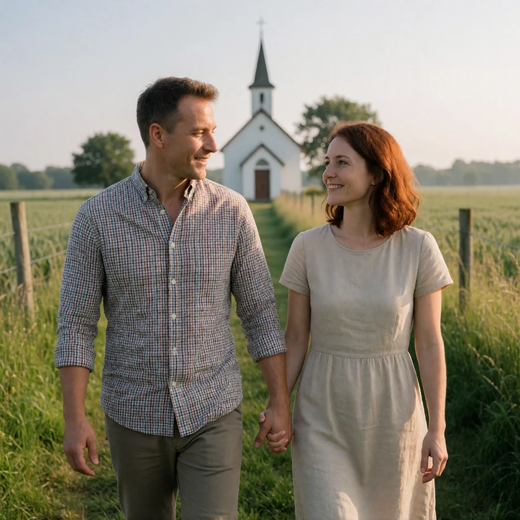 A middle-aged man and woman holding hands as they walk toward a country church, sharing faith and rural life