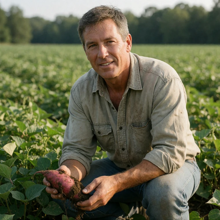 A North Carolina man farmer in his 50s kneeling in a sweet potato field holding a freshly dug sweet potato