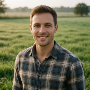 Lukas, a young adult man of European descent in a plaid flannel shirt standing in a green dairy pasture